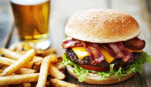 Bacon cheeseburger and fries with a beer
