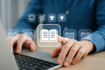 E-Library & Digital Learning, Person Using Laptop with Overlayed Icons for Online Books, Education, Graduation, and Knowledge Sharing