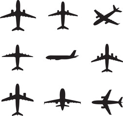Nine Black Airplane Silhouettes Various Views white background