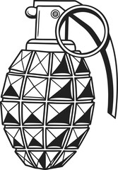 Detailed Hand Grenade Illustration Depicting a Segmented Explosive Device with a Safety Mechanism and Distinct Triangular Patterns