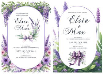 Elegant wedding invitations showcase watercolor lavender and floral designs. Both feature an oval frame with purple flowers, green foliage, and a decorative bow, set against a light background