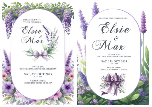Elegant wedding invitations showcase watercolor lavender and floral designs. Both feature an oval frame with purple flowers, green foliage, and a decorative bow, set against a light background