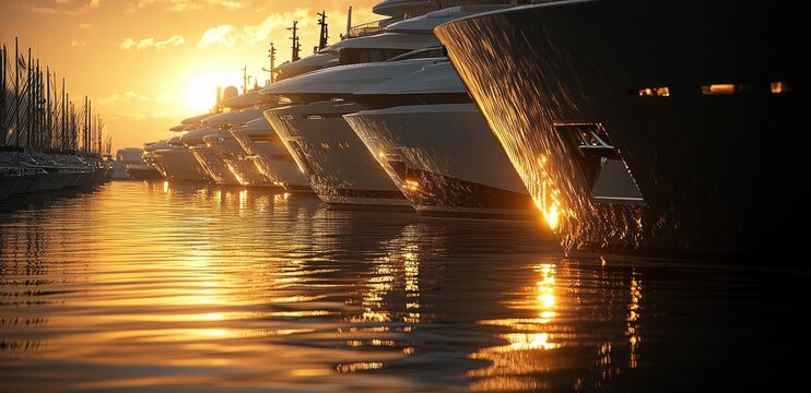 Luxury yachts at sunrise in a marina