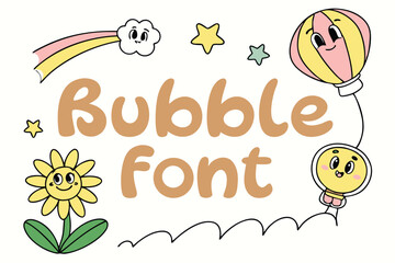 Bright cartoon icons and playful bubble font set