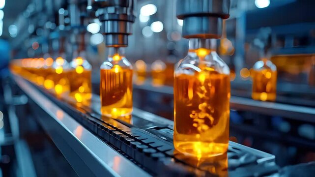 Bottled liquid moves along a conveyor belt in a factory An automated system fills the bottles quickly under bright lights Precision and efficiency reign
