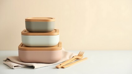 Stack of reusable food storage containers with wooden lids for kitchen