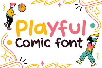 Playful comic font design with colorful abstract shapes