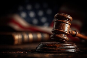 Gavel and American flag justice system, government and constitution background. High quality