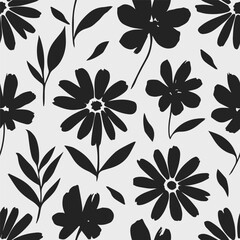 Flowers seamless pattern with wild floral white ink leaves on a black background. Hand drawn brush painting plant illustration. Nature botanical endless background.