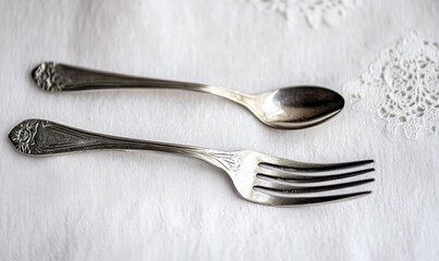 Elegant minimalism with a fork and spoon arranged beautifully on a white tablecloth adds a sophisticated touch to dining