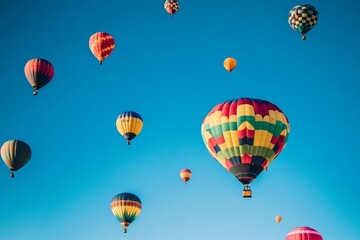 Obraz premium Colorful hot air balloons soaring in a pristine blue sky during a sunny day event in a picturesque landscape