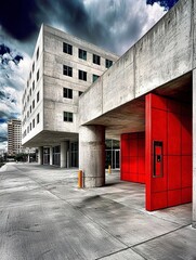 Fototapeta premium Modern Concrete Architecture with Striking Red Entrance