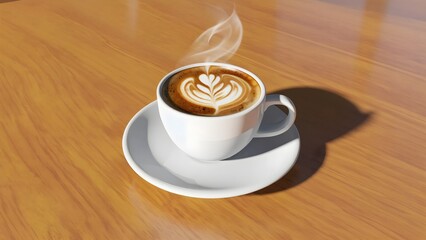 Obraz premium Coffee Cup with Latte Art on Wooden Table