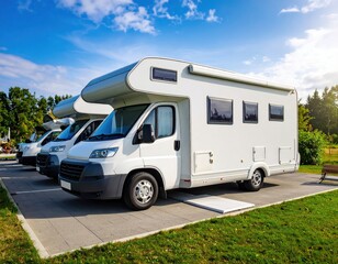 Naklejka premium White camper vans parked in a row under sunny sky