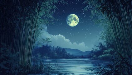 Lush bamboo grove at night, full moon