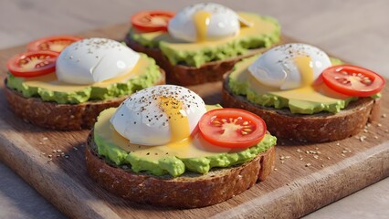 Avocado and Egg Toasts with Tomato Slices on Wooden Board