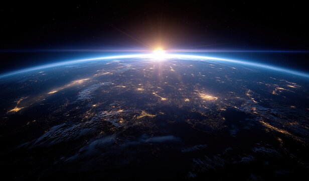 Earth from space at night with glowing city lights and sunrise transition, symbolizing the boundary between day and night for human activity and natural beauty