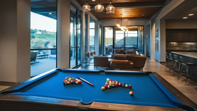 Stylish Billiard Room Interior with Blue Table Balls and Wood Accents in Modern Home Entertainment Space