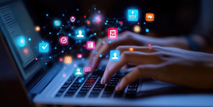 Hands typing on laptop, digital icons overlay