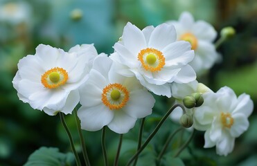 Close-Up of Delicate White Anemones with Vibrant Yellow Centers in a Serene Garden Setting