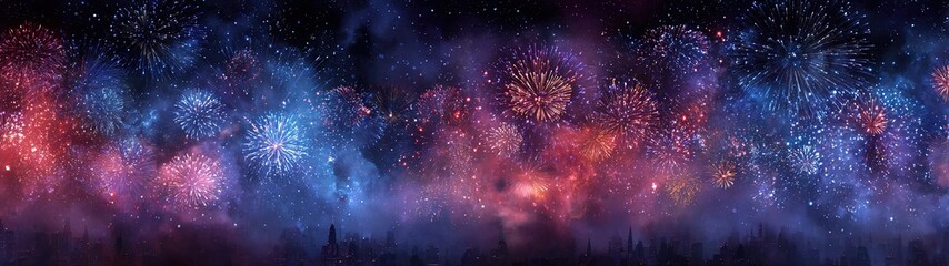 Happy 4th of July - Independence Day background banner panorama USA america holiday celebration greeting card - Blue red white firework on dark night sky. High quality