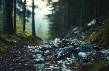 Fototapeta premium Plastic waste litters a forest path
