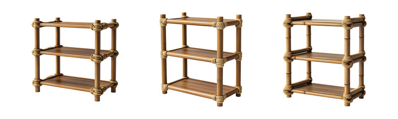 Set of Wooden bamboo storage unit with rope accents and open shelving design isolated on a transparent background, cut out	