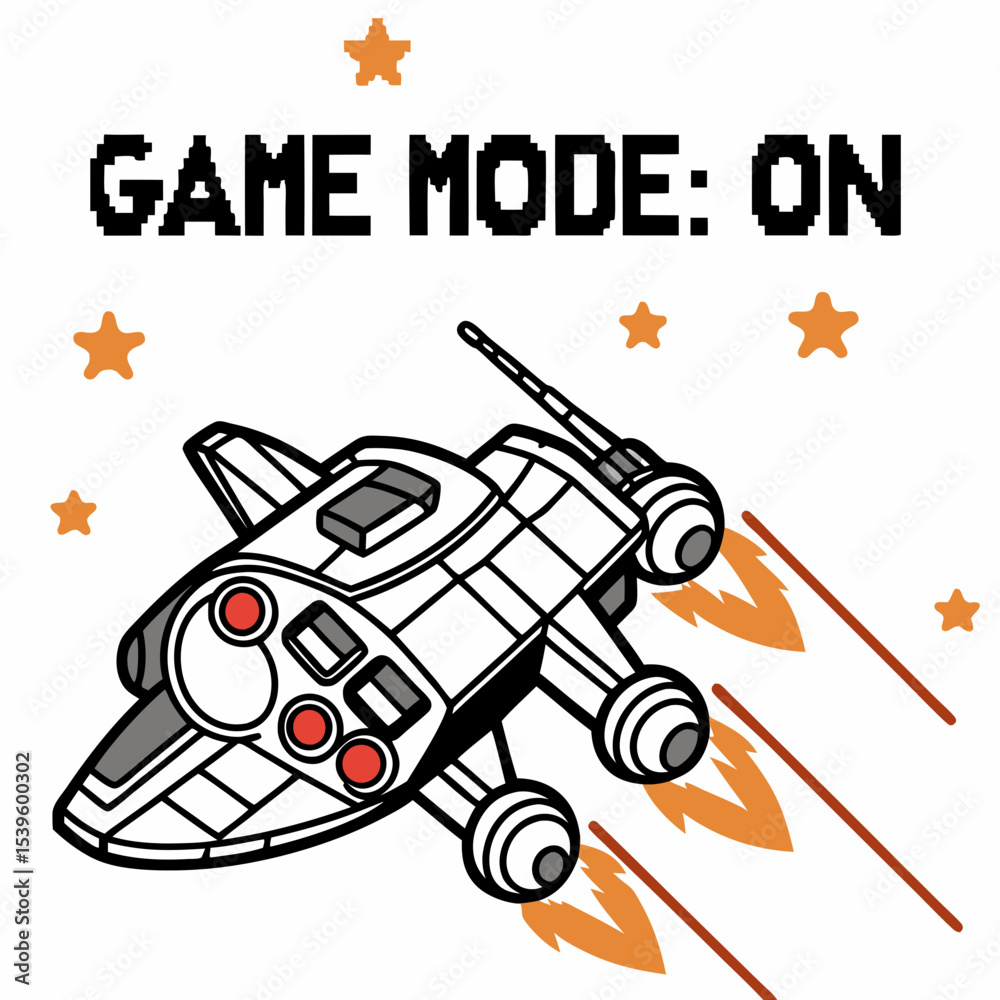 Fototapete 8-bit spaceship with “game mode: on” in blocky font, pixel art vector, white background.