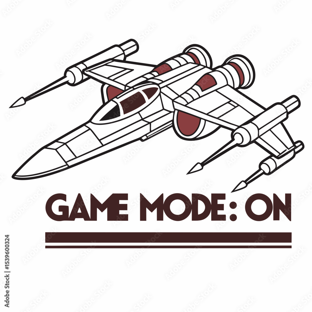 Fototapete 8-bit spaceship with “game mode: on” in blocky font, pixel art vector, white background.