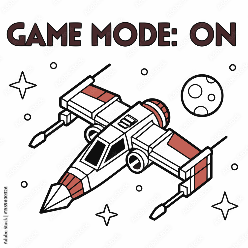 Fototapete 8-bit spaceship with “game mode: on” in blocky font, pixel art vector, white background.