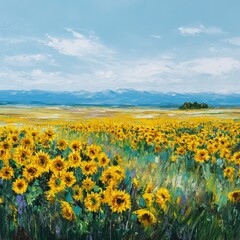Fototapeta premium Field of sunflowers gently swaying in the wind, vibrant yellows and greens, distant mountains on the horizon 