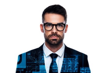 Portrait of a Thoughtful Businessman with a Tech-Infused Aura Depicting Innovation and Modern Leadership in the Digital Age on a Transparent Background