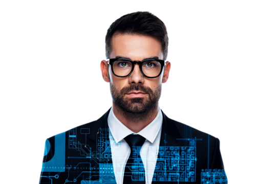 Portrait of a Thoughtful Businessman with a Tech-Infused Aura Depicting Innovation and Modern Leadership in the Digital Age on a Transparent Background