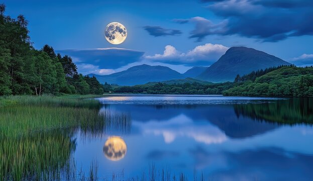 Serene lake at night, full moon reflecting