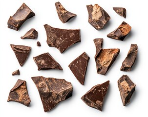 Broken dark chocolate pieces scattered on white background
