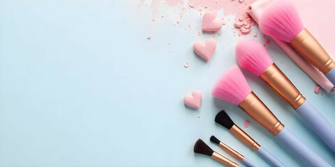Pastel Makeup Brushes and Accessories Flatlay  Soft Feminine Beauty Tools on soft coloer  Background. Makeup Brushes..