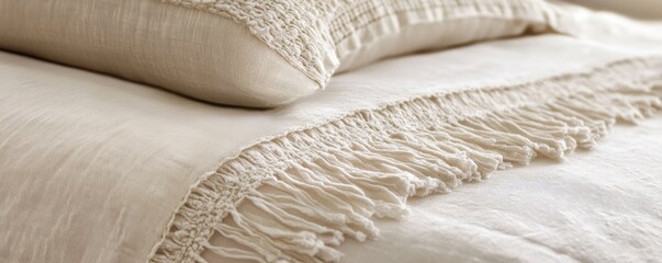 Obraz premium Cream-colored bedding with fringe trim