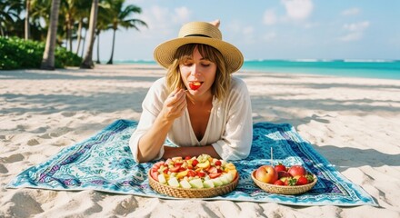 Young Woman in Straw Hat Eating Fruit on Beach with Blue Sky and Ocean