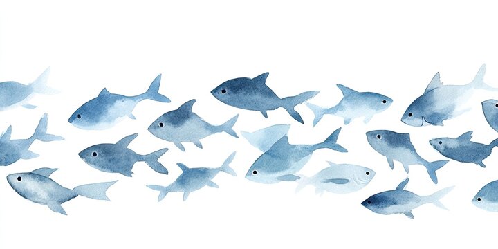 Watercolor illustration of a school of light blue fish (2)