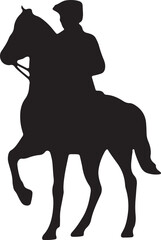Fototapeta premium Black silhouette of a rider on horseback with a flag, symbolizing leadership, great for war or historical American design projects