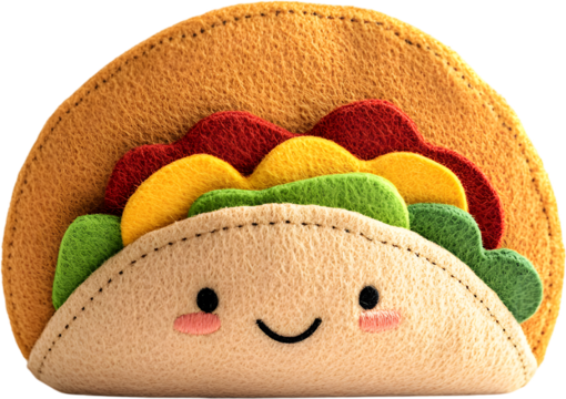 Cute plush taco toy with a smiling face and colorful felt toppings isolated on a transparent background, cut out	