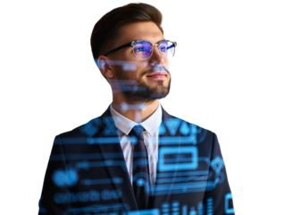 Confident Businessman with Futuristic Overlay A Visionary Leader in Technology and Innovation Stands Against the Darkness Embracing the Digital Frontier