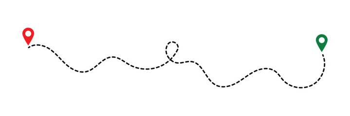 Route location icon, two pin sign and dotted line road, start and end journey symbol, black color vector illustration isolated on white background in eps 10.