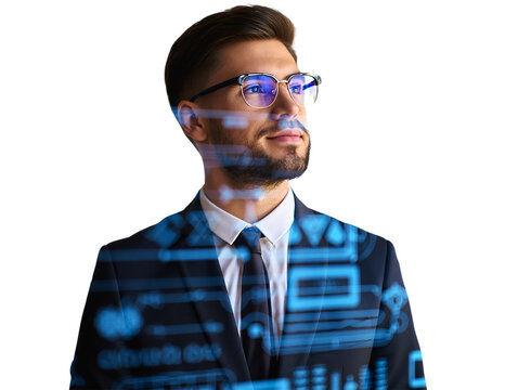Confident Businessman with Futuristic Overlay A Visionary Leader in Technology and Innovation Stands Against the Darkness Embracing the Digital Frontier