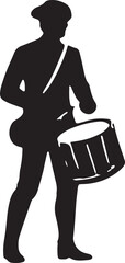 Black silhouette of a drummer boy with a drum, standing tall, great for revolutionary war or musical American history themes
