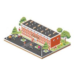 Isometric illustration of a city hall or town hall building with a red brick facade and flat roof. Building isolated on white background. Trees and benches. People walking around.