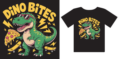 Obraz premium T shirt design of Cool T-Rex Dinosaur Eating Pizza and Skateboarding - 