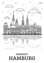 Outline Hamburg Germany city skyline with modern and historic buildings isolated on white. Hamburg cityscape with landmarks.