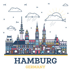 Outline Hamburg Germany city skyline with colored modern and historic buildings isolated on white. Hamburg cityscape with landmarks.