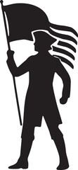 Black silhouette of a revolutionary soldier holding an American flag, standing proudly in a historical uniform, ideal for patriotic or war-themed designs